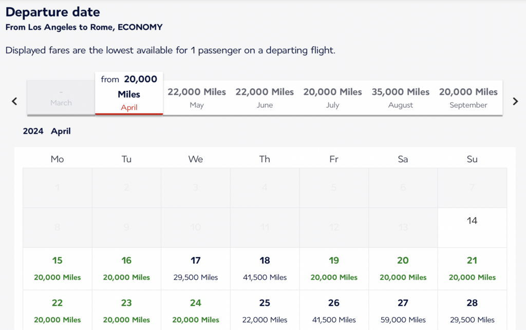 screenshot of miles needed Los Angeles to Rome on Air France